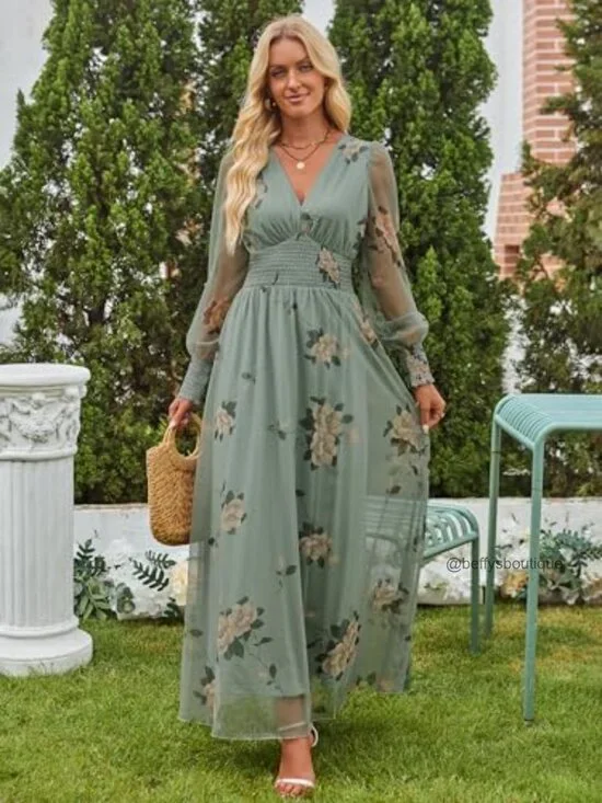 Floral Maxi Dress V Neck Puff Sleeve Long Sleeve Tulle Wedding Guest - Picture 3 of 7